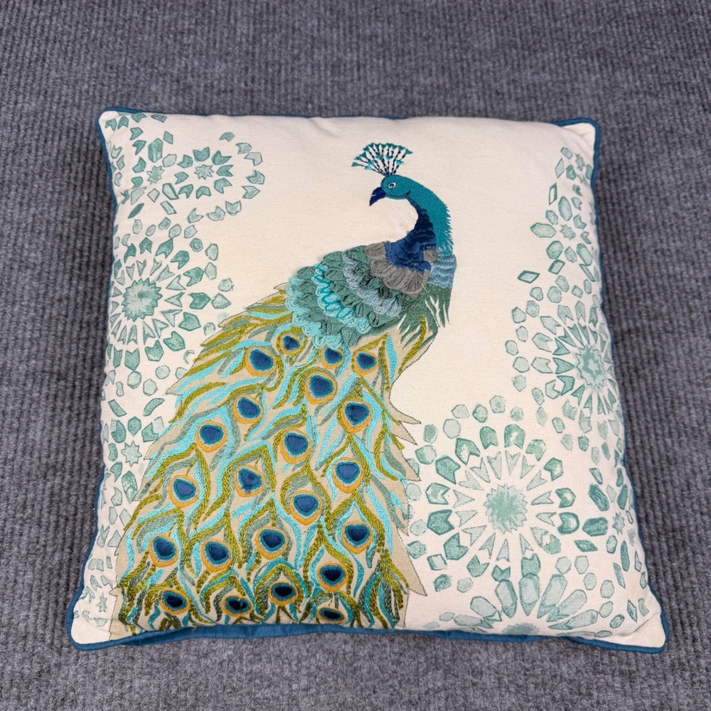 World Market Throw Pillow 18x18 Cotton Embroidered Peacock Dimensional Decor - Picture 12 of 12